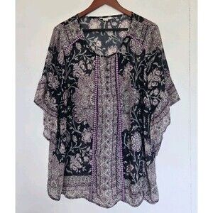 Style & Co Blouse Womens M Top Floral Purple Sheer Tunic Paisley Boho Festival